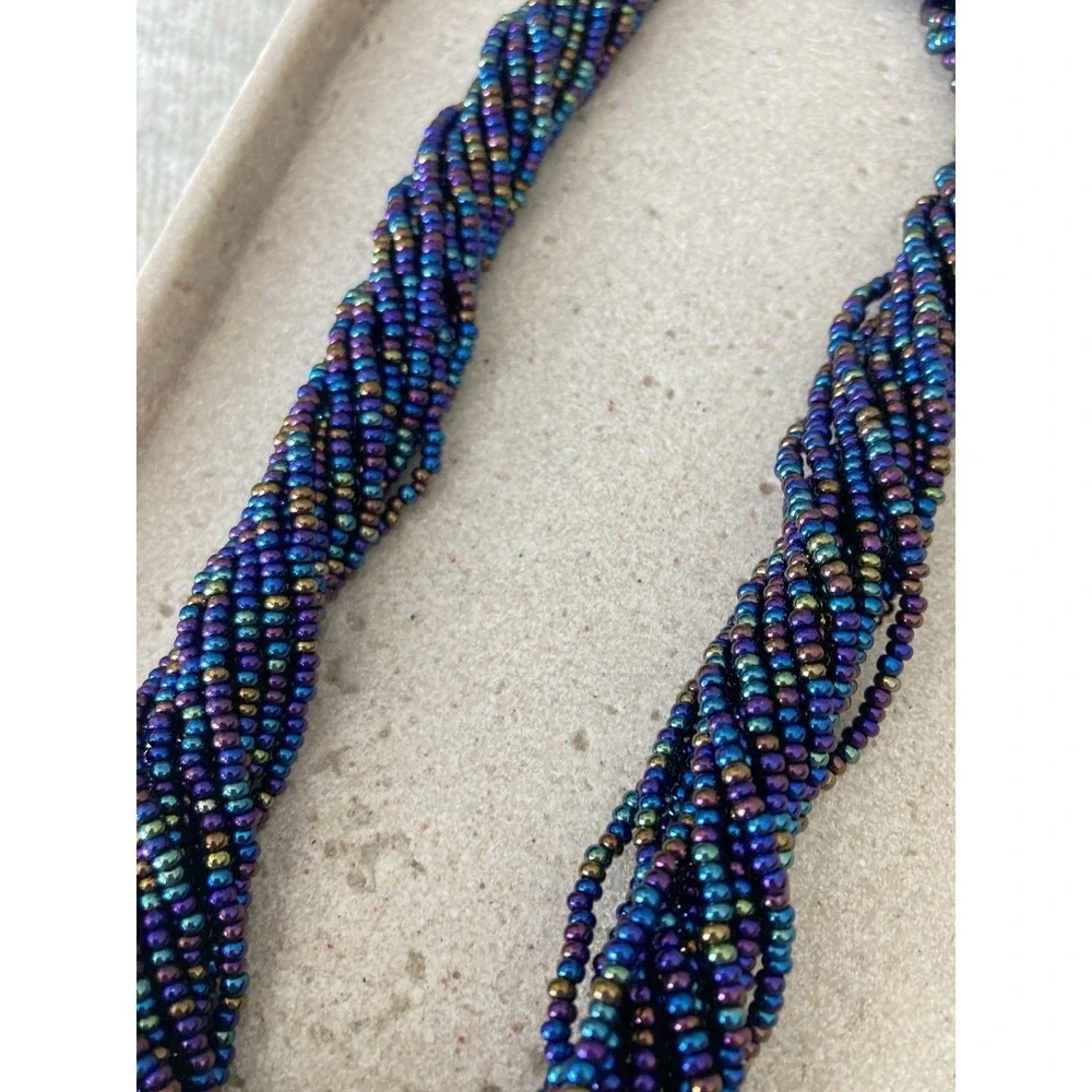 Iridescent Seed Bead Necklace‎ Multi Strand Twisted Peacock Blue Purple Chunky